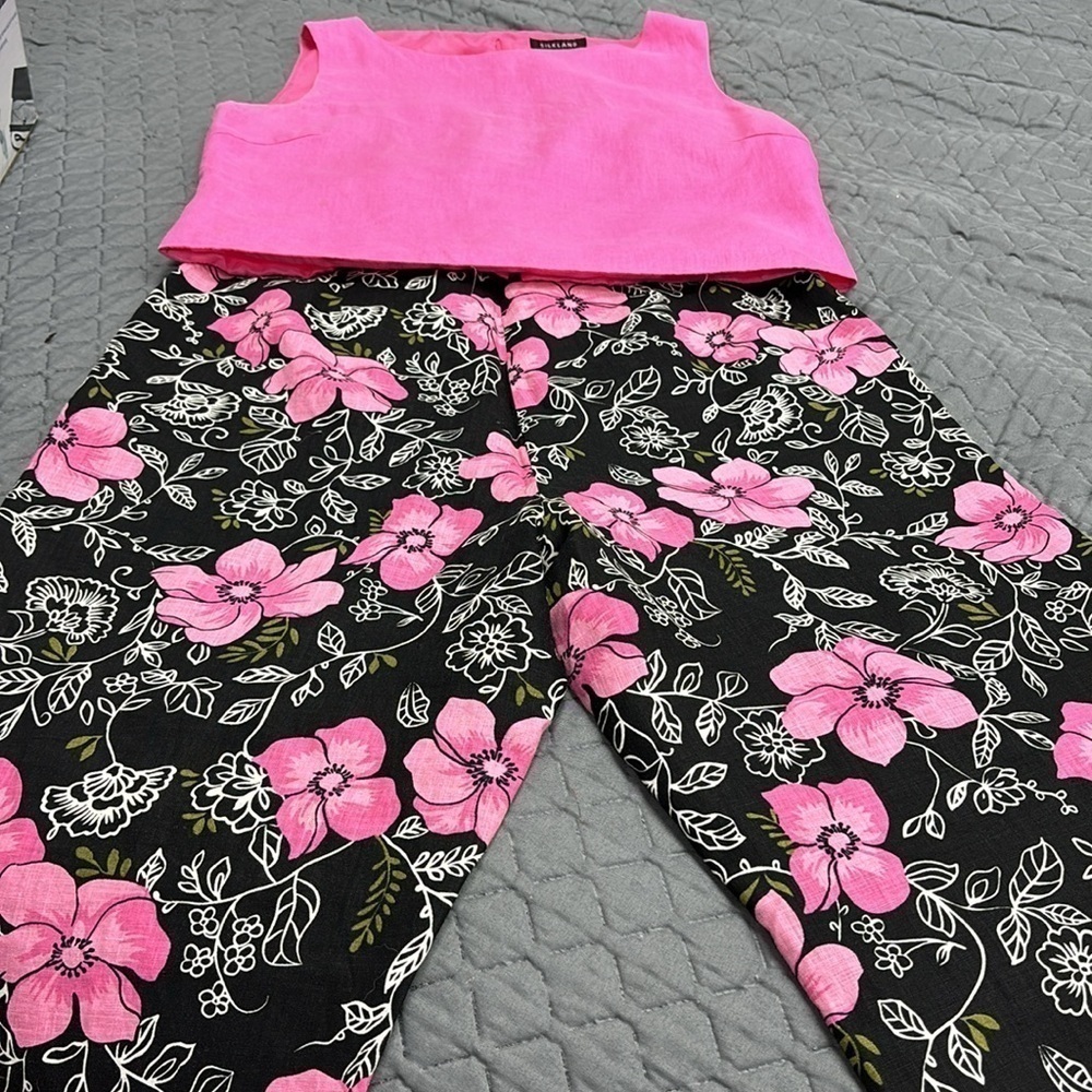 SILKLAND 2 pieces linen blouse black pants with pink flowers with pink size 12